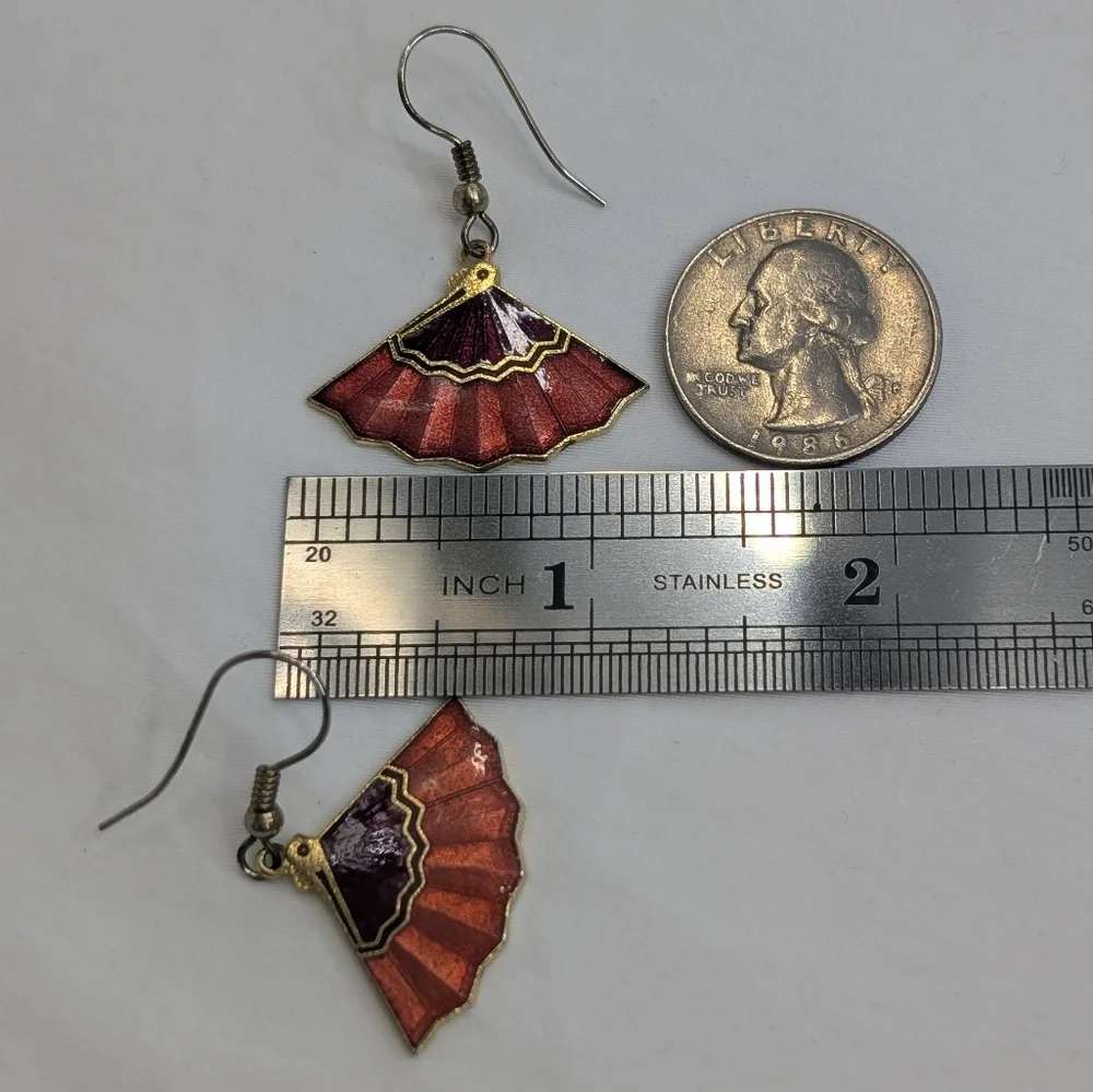 Vintage Cloisonne Fan Gold Earrings - Classic Estate Jewelry - Picture 6 of 6